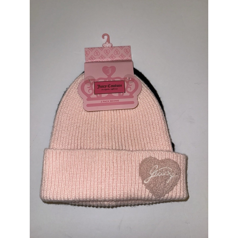 Juicy Couture Women 2 Pack Beanie Hat Set Pink Black Heart Logo Winter Cold NWT